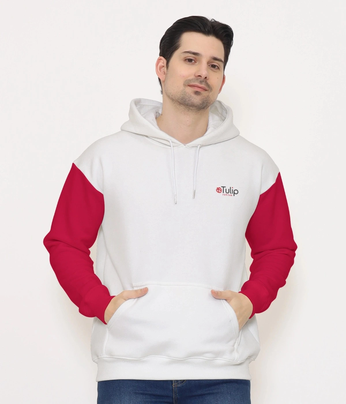 Tulip Reklam branded white hoodie with red contrast sleeves and front pocket.